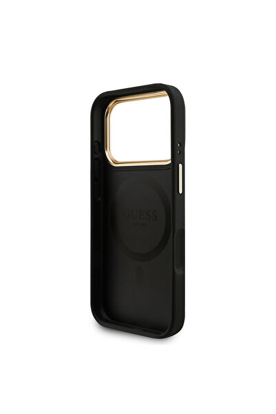 Guess iPhone 17 Pro Compatible Case Licensed M-Safe Featured with Strap and 4g Logo Card Holder Cover Black