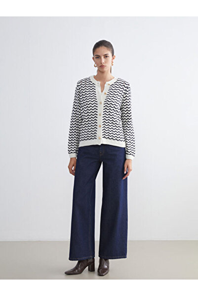 LC Waikiki Crew Neck Striped Openwork Women's Knitwear Cardigan