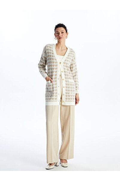 LC Waikiki V-Neck Plaid Long Sleeve Women's Knitwear Cardigan