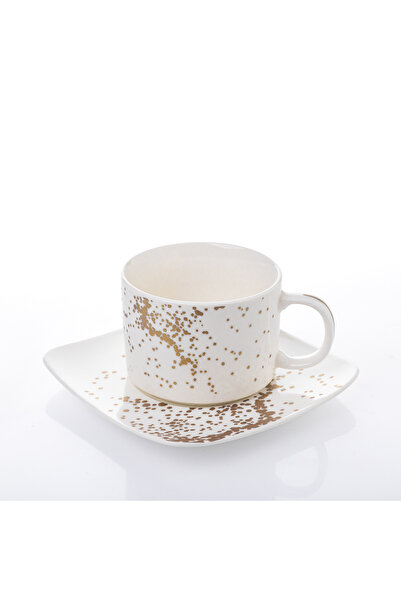 Malooki Set of 2 Porcelain Coffee Cups 150 ml with Square Saucer – Gold Splash
