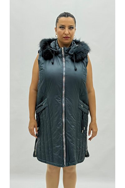 AY-SEL Plus Size Zippered Fur Hooded Pocket Quilted Women's Long Vest