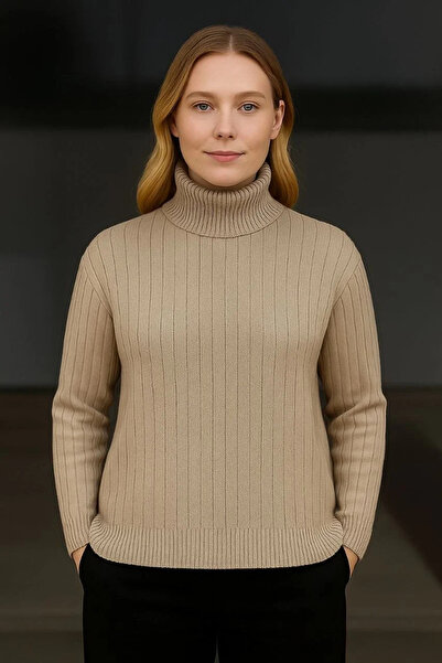 MODA Women's Turtleneck Knitted Sweater Cotton Thick Corded Fabric Woven - Beige