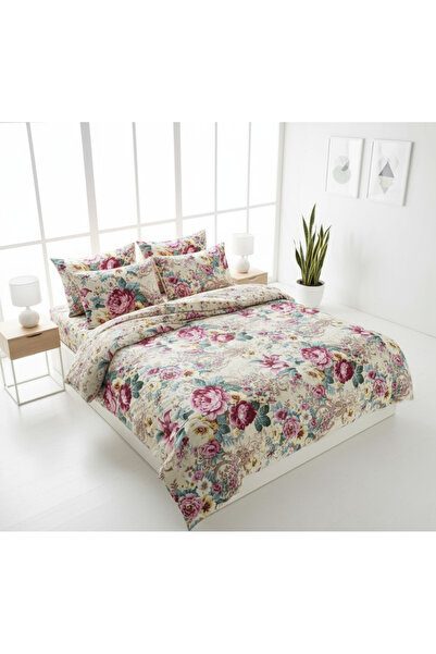 Brava Casa Vintage Floral Double Bed Linen, 6 Pieces, Fine, Cream with Burgundy Flowers, BravaCasa