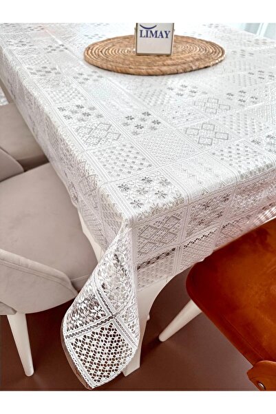 LİMAY Table Cloth - Lace Embroidery Looking - Transparent - Non Perforated - PVC