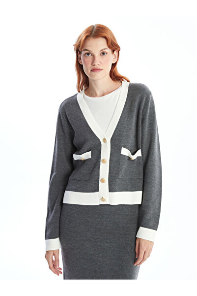 LC Waikiki V-Neck Color Blocked Long Sleeve Women's Knitwear Cardigan