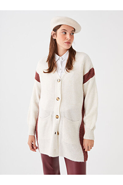 LC Waikiki V-Neck Color Blocked Long Sleeve Women's Knitwear Cardigan