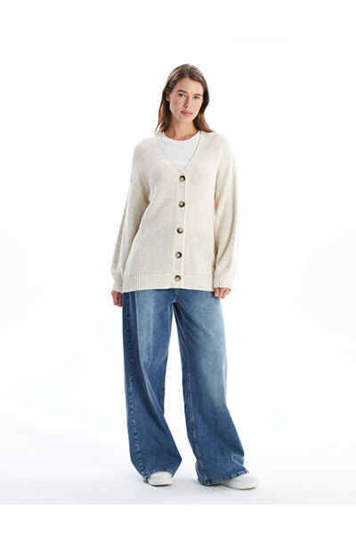 LC Waikiki V-Neck Self Patterned Long Sleeve Women's Knitwear Cardigan