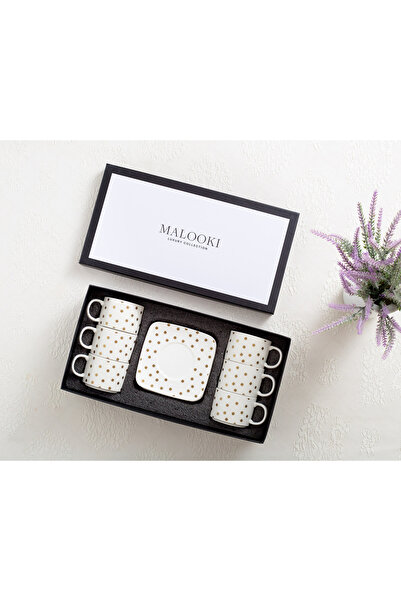 Malooki Set of 6 Porcelain Coffee Cups 150 ml with Square Saucer – Gold Polka Dots