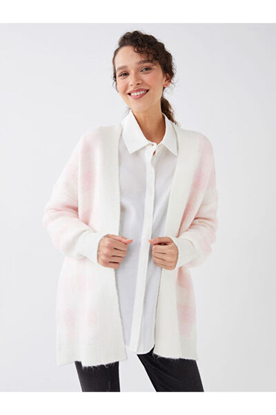 LC Waikiki Shawl Collar Plaid Long Sleeve Oversize Maternity Knitwear Cardigan