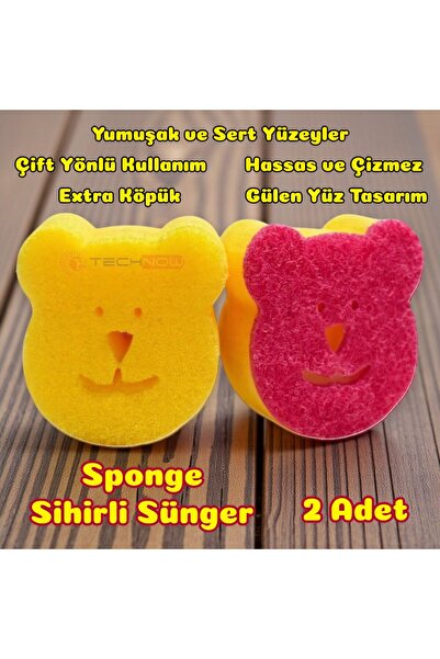 Technow Sponge Çift Taraflı Gülen Yüz Çok Amaçlı Sihirli Bulaşık Süngeri 2 Adet