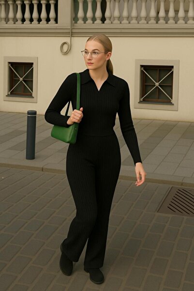 trivvy Women's Knitwear Set Polo Neck Sweater and Trousers