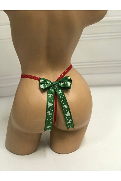 NSMLİFE New Year, Christmas, Women's Red Velvet Thong String Model with Ribbon Detail on the Back