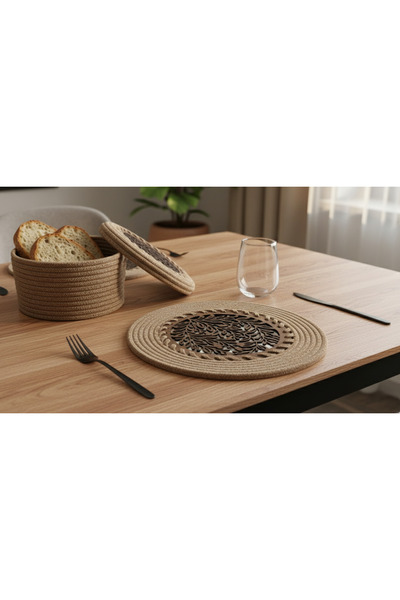 Comfort Craft 4-Piece Wooden Detailed Jute Placemat Set and Bread Basket Wicker / Stylish Special Design / Comfort Table Mat
