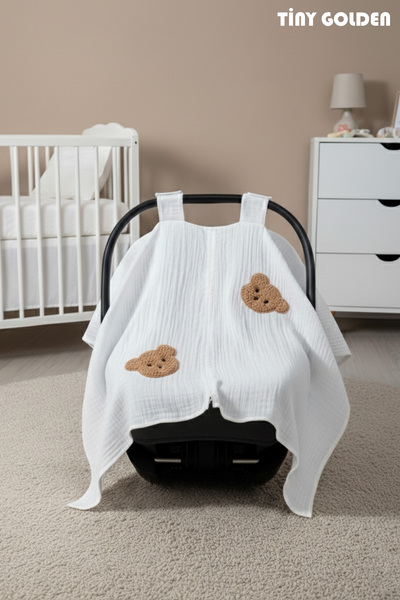 TİNY GOLDEN Puset Örtüsü Teddy Baskılı Fermuarlı 4 Mevsim Çift Katlı Müslin K...