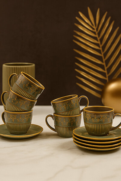 PORLINE Kadıkızı 12 parça 6 kişilik Zeytuni Porselen Kahve Fincan Takımı