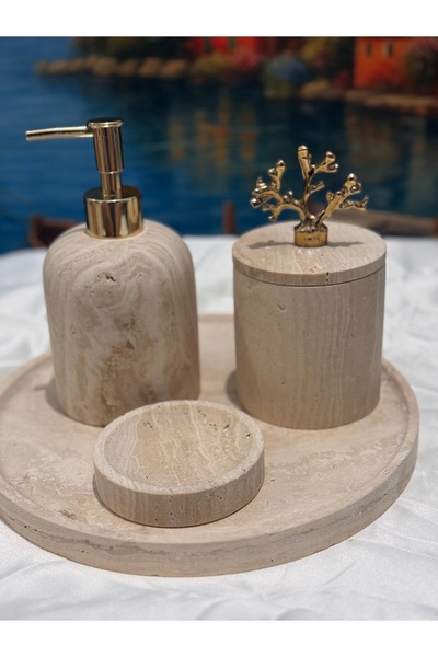 Home 🌟 LÜKS SON 1 ADET! Traverten Banyo Seti 4'lü – Altın Mercan Detaylı Doğ...
