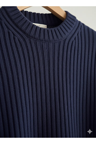 A&O Style Men's Navy Blue Oversized Crew Neck Corded Fabric Long Sleeve Knitwear Sweater