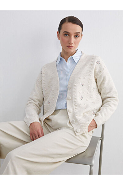 LC Waikiki V-Neck Floral Embroidered Women's Knitwear Cardigan