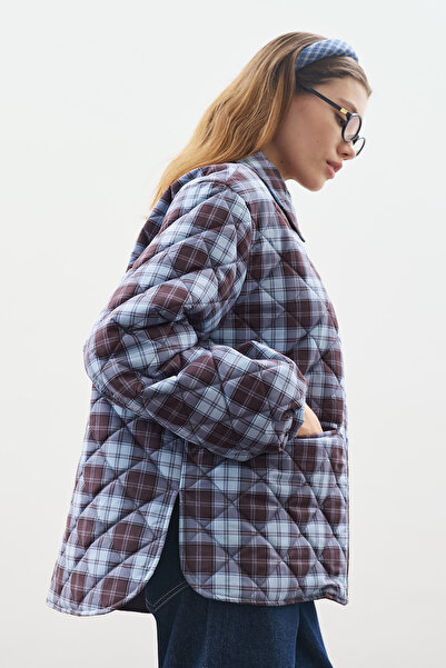 Manuka Balloon Sleeve Detailled Quilted Coat with Plaid Pattern