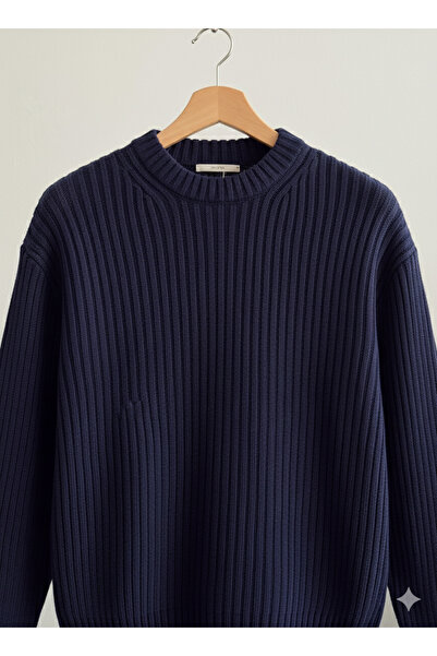 A&O Style Men's Navy Blue Oversized Crew Neck Corded Fabric Long Sleeve Knitwear Sweater