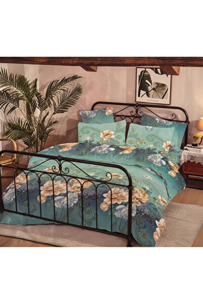 Brava Casa Aqua Bloom Double Bed Linen, 6 Pieces, Fine, Elegant Floral Turquoise, BravaCasa