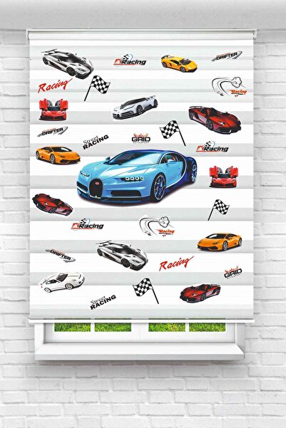 Yznhome Çocuk odası- Mavi Spor Araba ve Yarış Arabaları Desenli Zebra Perde -...