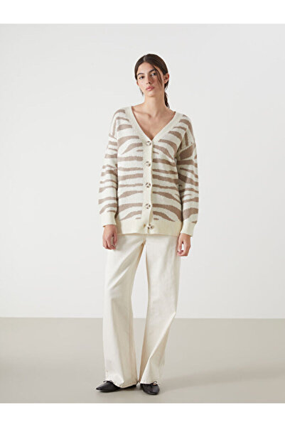 LC Waikiki V-Neck Zebra Patterned Women's Knitwear Cardigan