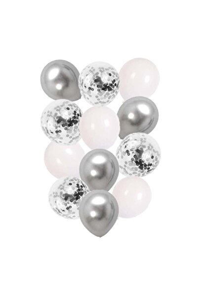 Parti Zamanı 12 İnç Beyaz Gümüş ve Konfetili Karışık Balon 5 Adet