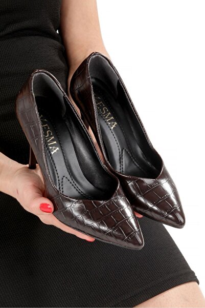 Y ESMA Stiletto Brown Croco - Medium Thin Heel, V Mouth Low-Cut Women's Shoes New Season