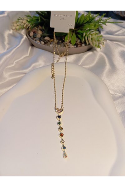 stainless steell Colorful Zircon Stone Detailed Element Steel Necklace