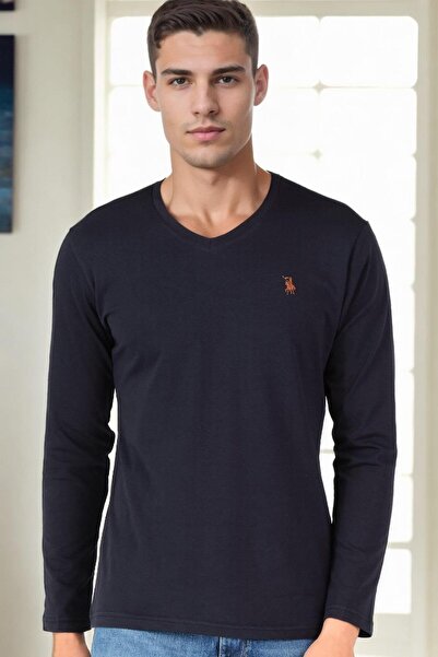 Dewberry T9587 V-Neck Men's Long Sleeve T-Shirt-Dark Blue