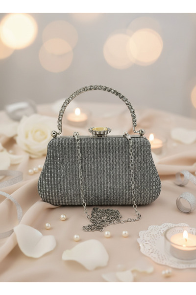 Biçanta Platinum Color Glitter Stone Evening Dress Bag |   Luxury Wedding and Evening Bag