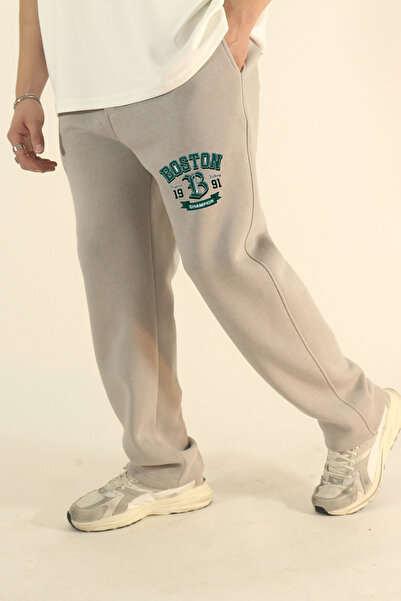 EydaMoon Ανδρικό χαλαρό χειμερινό παντελόνι Boston με τύπωμα με μάλλινο φλις εσωτερικά, φαρδύ παντελόνι με φαρδύ πόδι