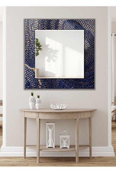 Missing Items Ultra Lüks Gerçek Cam Kare Ayna, Soyut Mavi ve Altın Taş Desenl...