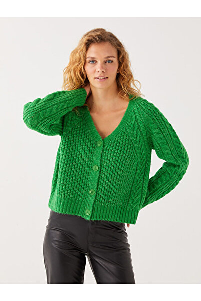 LC Waikiki V-Neck Self Patterned Long Sleeve Women's Knitwear Cardigan