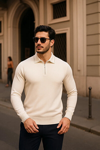 comstar Men's Zippered Cream Long Sleeve Polo Neck Knitwear Sweater