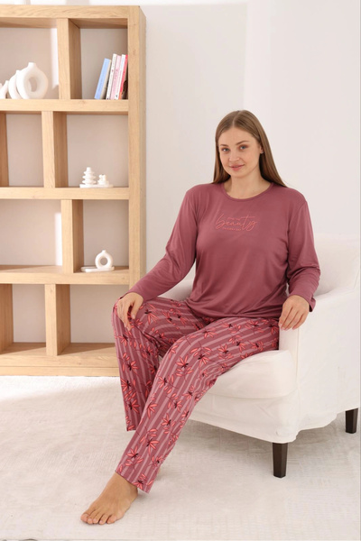 Pijamoni Women's Plus Size Milan Fabric Crew Neck Dusty Rose Pajama Set