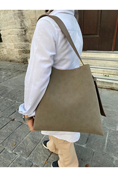 H&D COLLECTİON Mink Suede Women's Shopper Bag with Buckle Detail