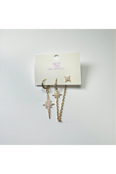 liore dünyası Gold Yıldız Motifli Asimetrik Zincirli Paslanmaz Çelik Küpe Seti – Kararma Yapmaz