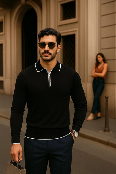 comstar Men's Zippered Black Long Sleeve Polo Neck Knitwear Sweater