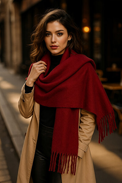 Luminos Butik Burgundy Tassel Scarf – Shawl and Wide Construction, Ideal for Cold Weather Sal1296