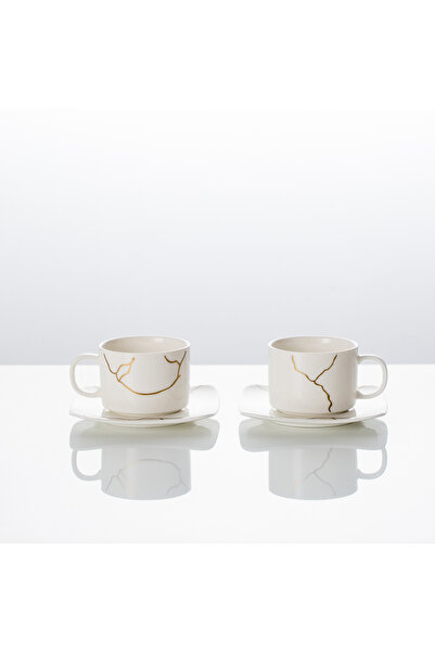 Malooki Set 2 Porcelain Coffee Cups 150 ml with Square Saucer – Gold Marble Infinity