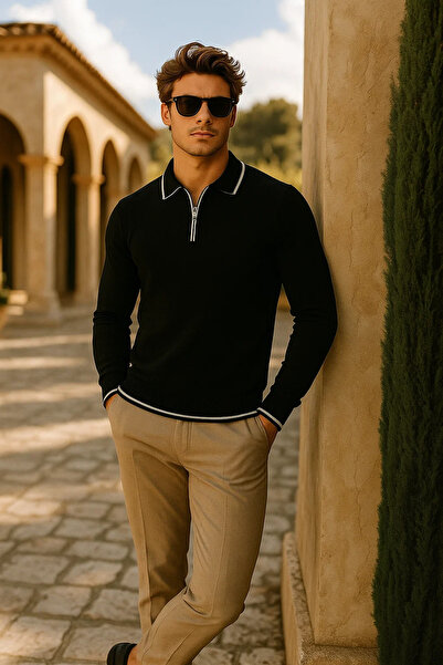 comstar Чоловічий щоденний трикотажний светр з довгими рукавами, коміром-поло та блискавкою, чорний