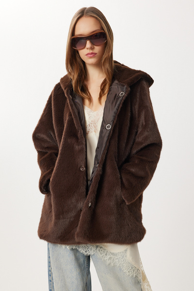 Lovelyİstanbul Hooded Faux Fur Coat Lzh0018 Brown