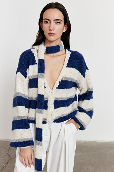 FACETTE Detaliu șal cu dungi supradimensionat Cardigan Albastru