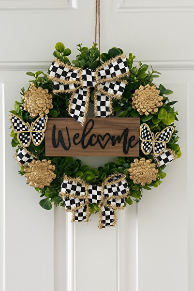 Marrone Ornament pentru ușă cu scris de bun venit, cu paiete în carouri, flut...