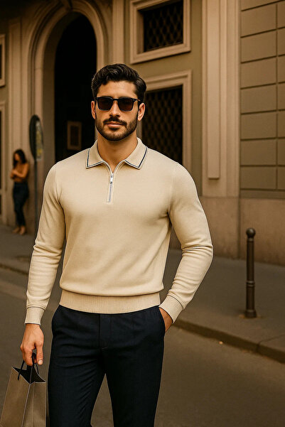 comstar Ανδρικό πλεκτό πουλόβερ με φερμουάρ, μπεζ μακρυμάνικο με λαιμόκοψη πόλο