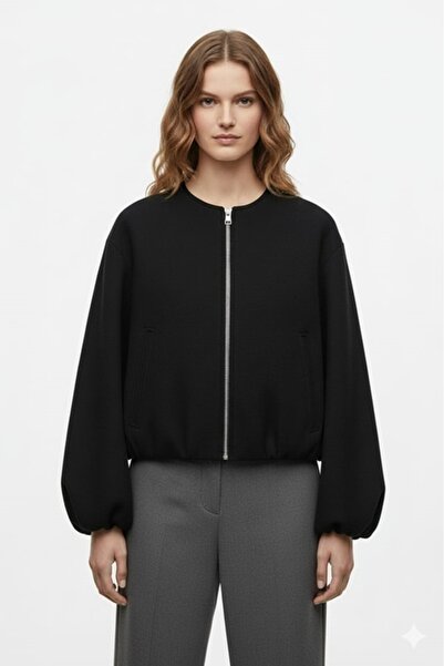 SmallTouch Rahat Kalıp Kaşe Kumaş Kadın Fermuarlı Siyah Bomber Ceket