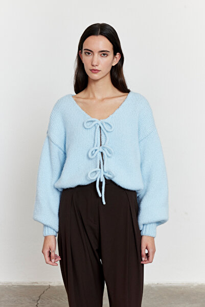 FACETTE Cardigan cu mâneci cu balon cu șireturi Albastru deschis