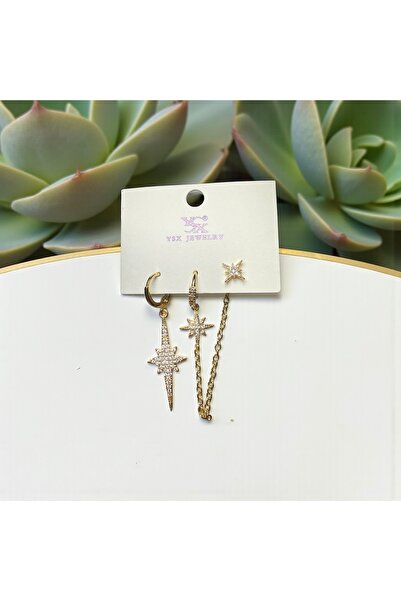 liore dünyası Gold Yıldız Motifli Asimetrik Zincirli Paslanmaz Çelik Küpe Seti – Kararma Yapmaz